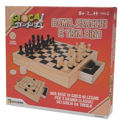 GIOCA e RIGIOCA - Dama, Scacchi e Tria in Legno con Cassettino