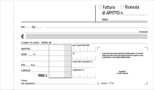 BLOCCO RICEVUTE DI AFFITTO 2 COPIE 10X16,5
