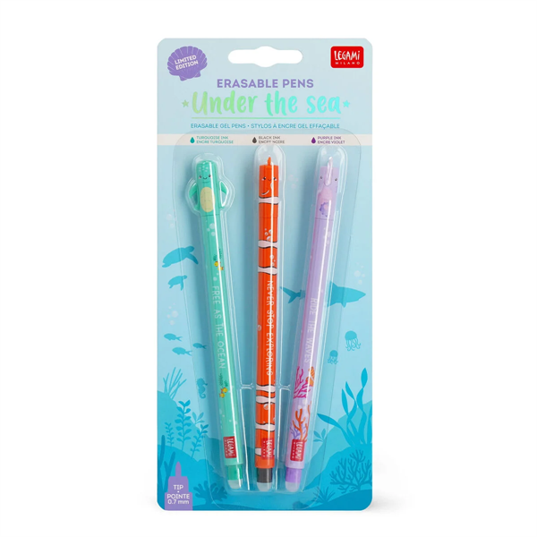 Set of 3 erasable gel pens - under the sea - sea turtle + clownf